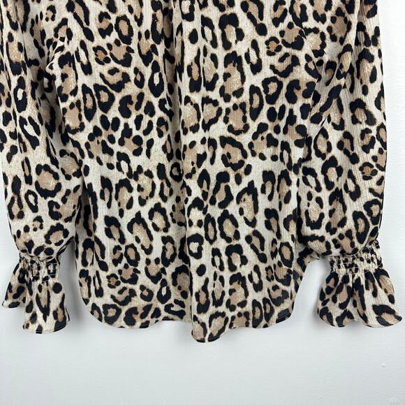 Loft Womens Balloon Sleeve Bell Cuff Mock Neck Leopard Print Beige Blouse XS - Picture 4 of 8